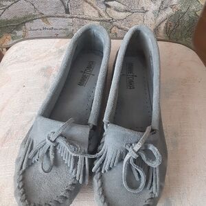 Minnetonka Blue Moccasin Flats with Fringe